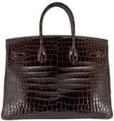 Birkin 35 Brown Patent Porosus GHW