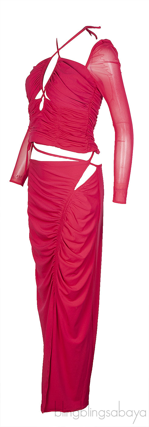 Self-Portrait Fuchsia Pink Jersey Cut out Top & Ruched Skirt