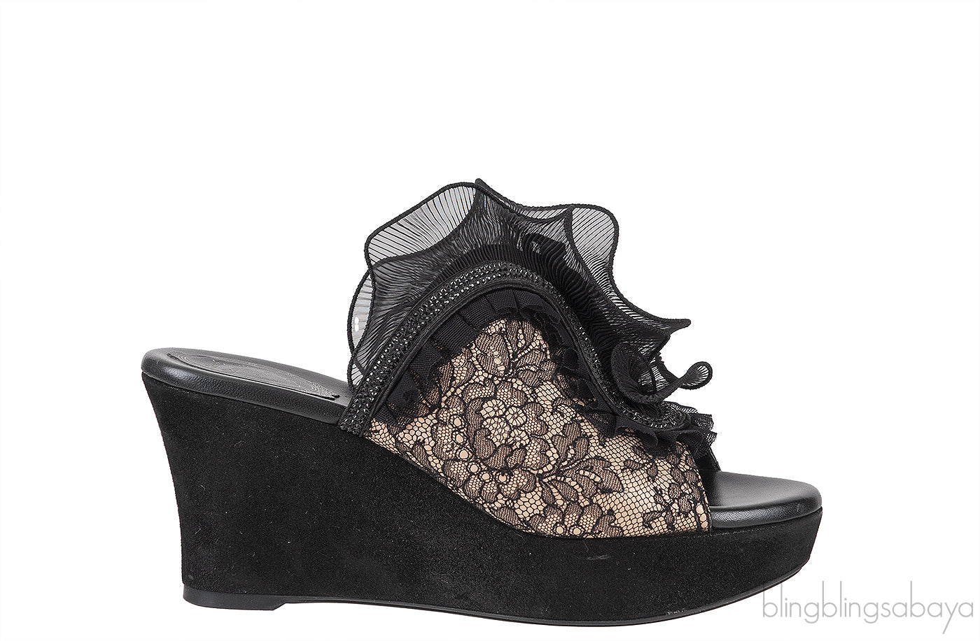 Black/Beige Crystal Embellished Wedge