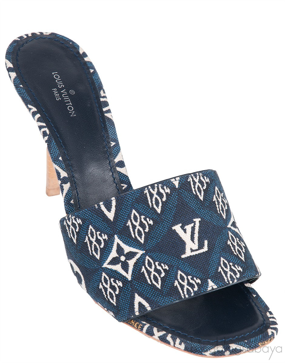 Blue Monogram Embroidered Mules