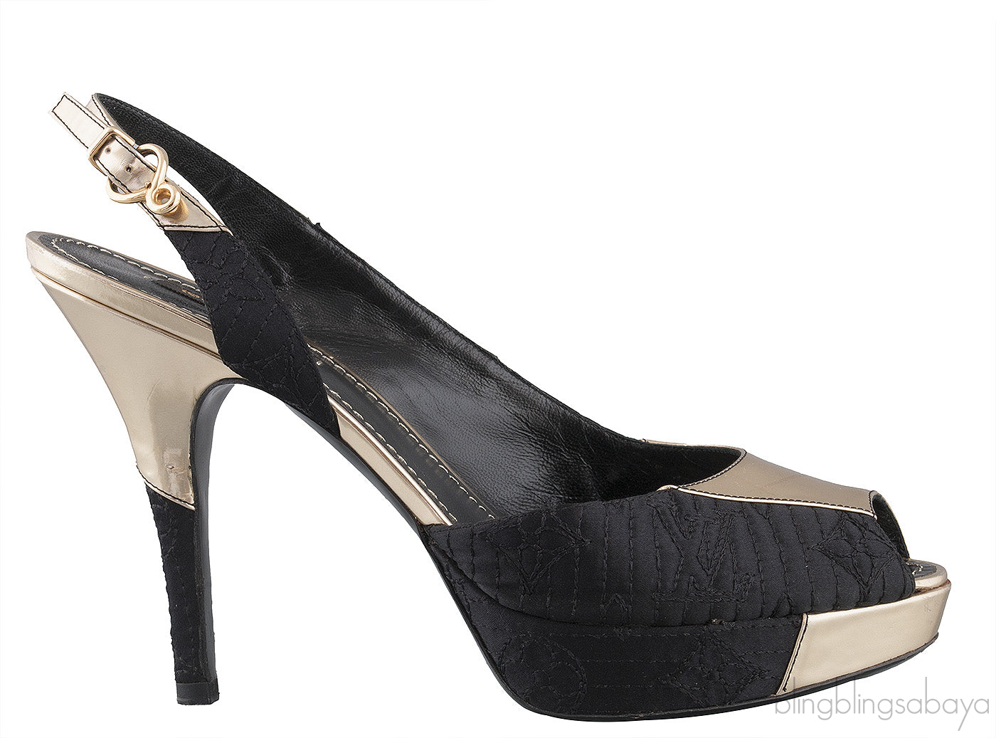 Gold Leather Black Fabric Slingback