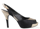 Gold Leather Black Fabric Slingback