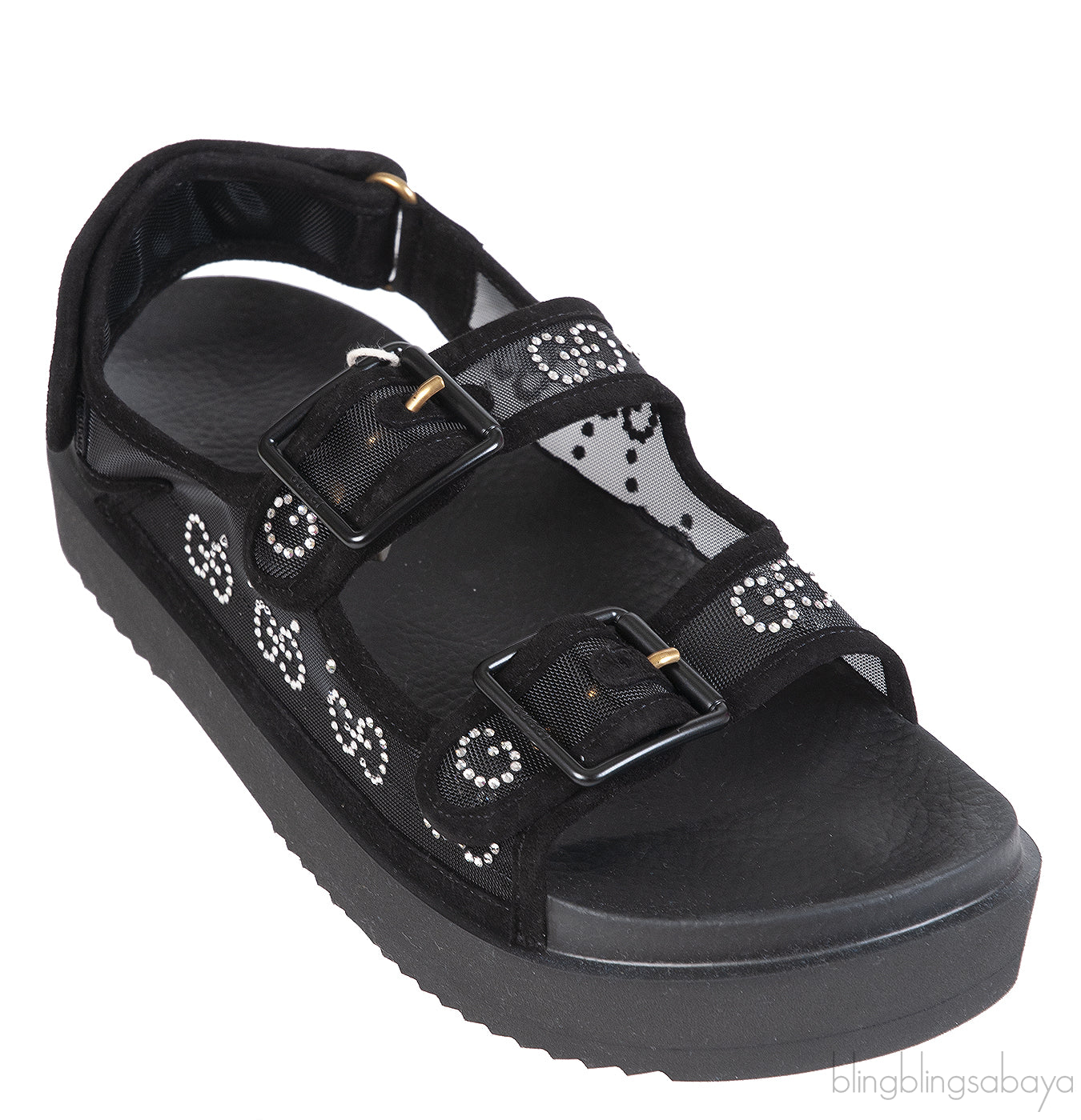 Gucci Black Crystal Embellished Monogram Pattern Sandals