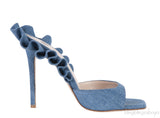 Andrea Wazen Blue Denim Rouches 105 Ruffled Mule Sandals