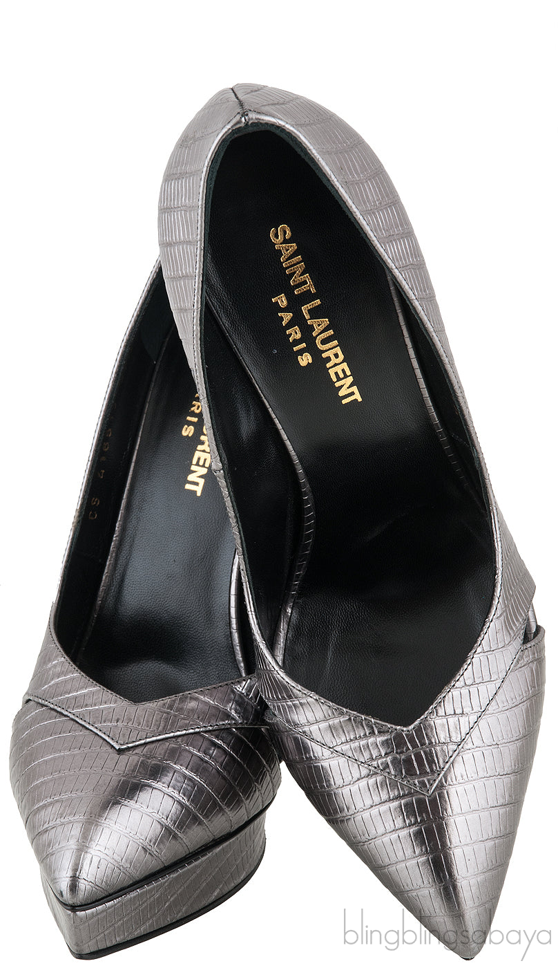 Yves Saint Laurent Gun Metal Lizard Print Pointed Pump