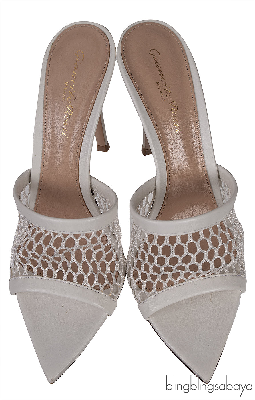 White Leather Trimmed Fishnet Mules