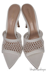 White Leather Trimmed Fishnet Mules