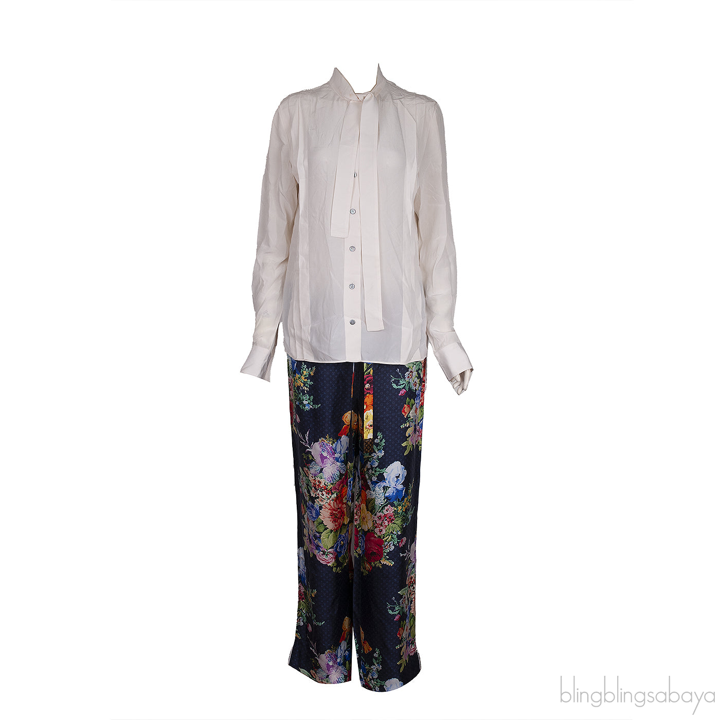 Off-white Pleated Shirt and Blue Floral Monogram Trouser
