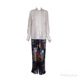 Off-white Pleated Shirt and Blue Floral Monogram Trouser