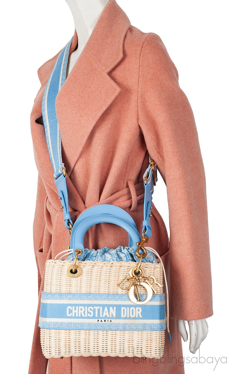 Lady Dior Natural Wicker & Light Blue Dior Oblique Jacquard Medium
