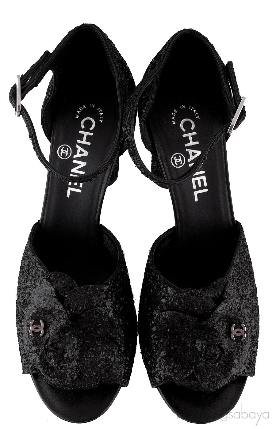 Black Glitter Camellia Heels