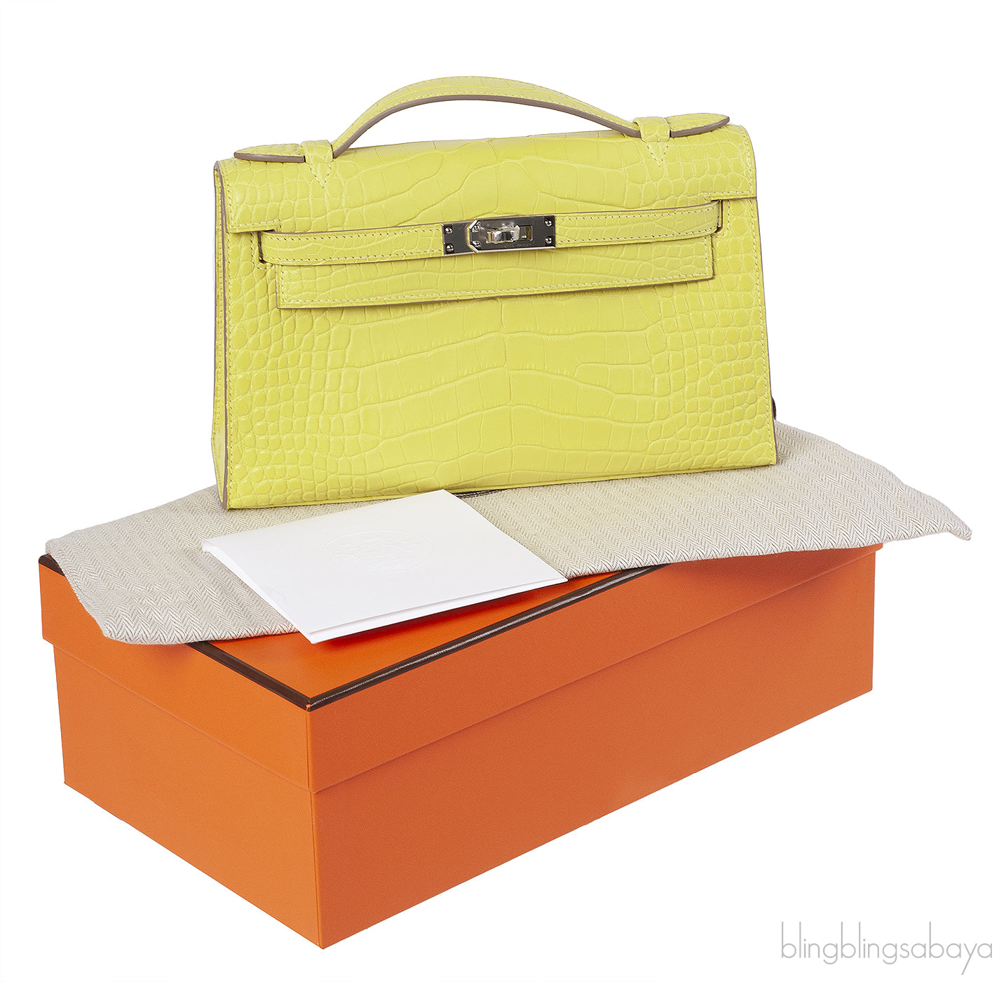 HERMES Kelly Pochette Matte Lime Alligator PHW