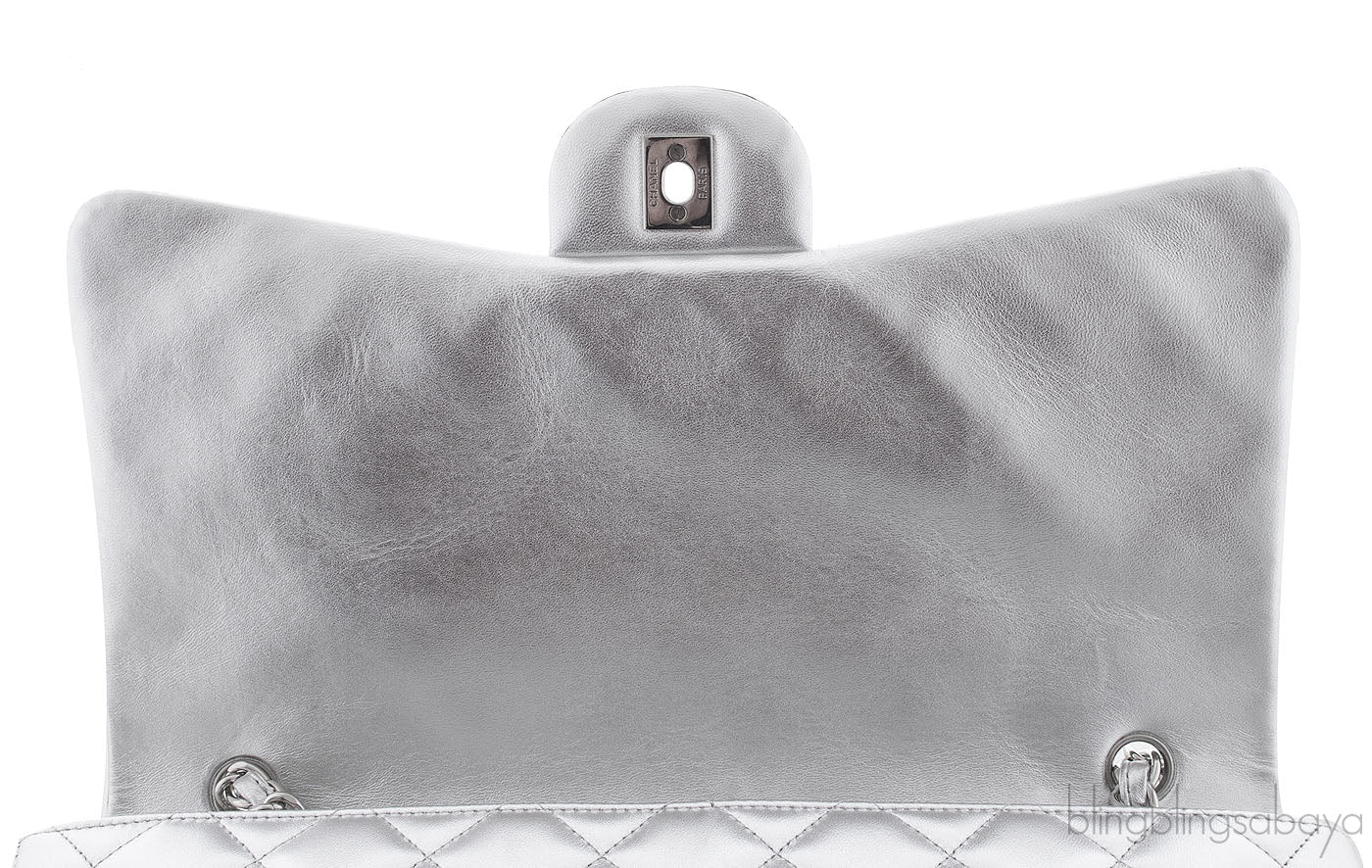 Metallic Silver Quilted Maxi Flap Bag