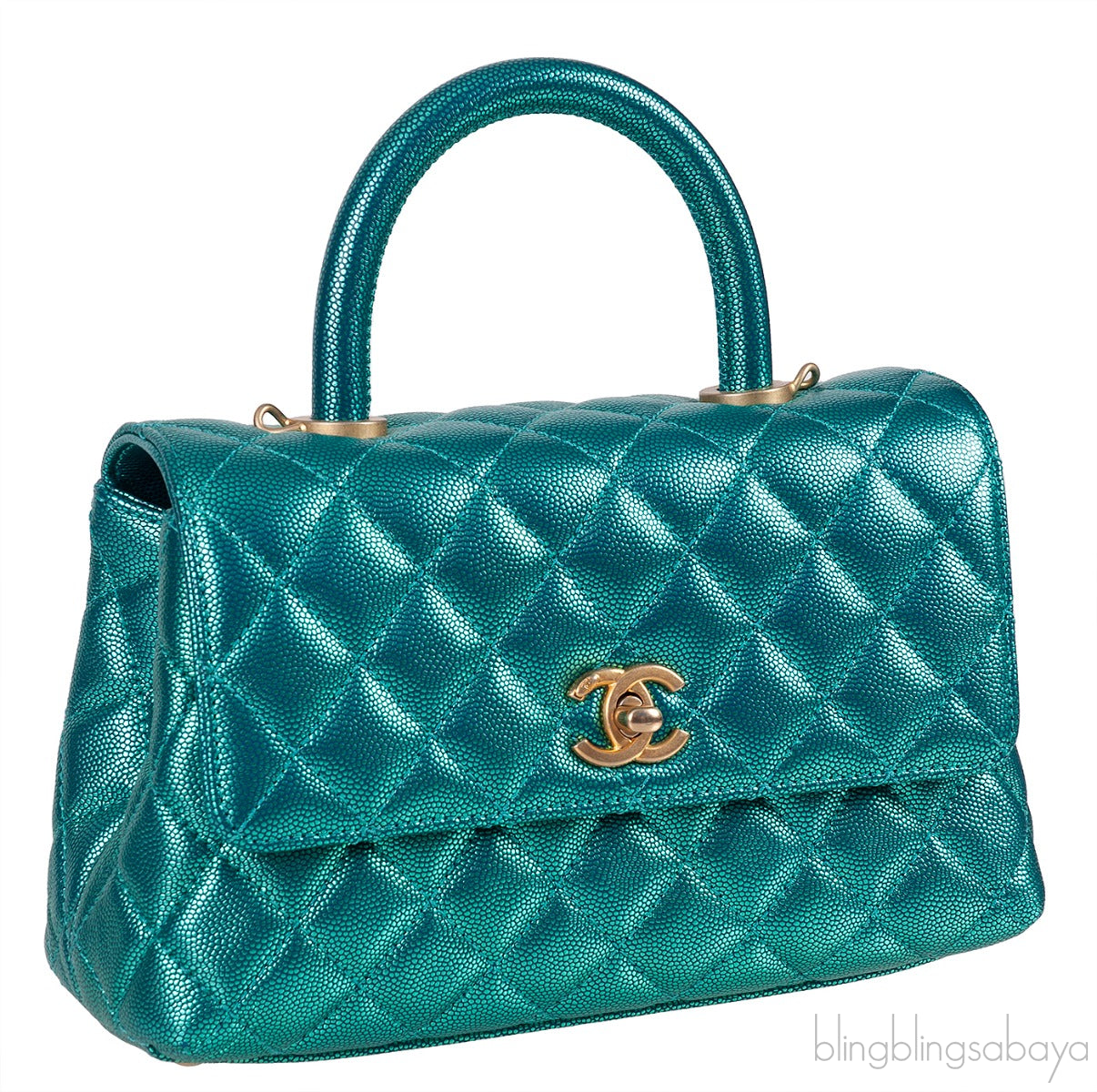 Metallic Green Quilted Caviar Leather Small Coco Top Handle Bag