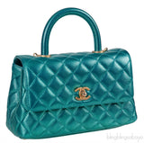 Metallic Green Quilted Caviar Leather Small Coco Top Handle Bag
