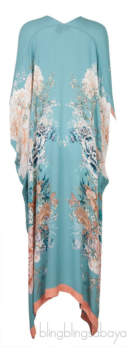 Blue Floral Print Silk Kaftan Dress