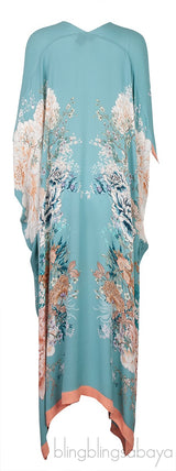 Blue Floral Print Silk Kaftan Dress