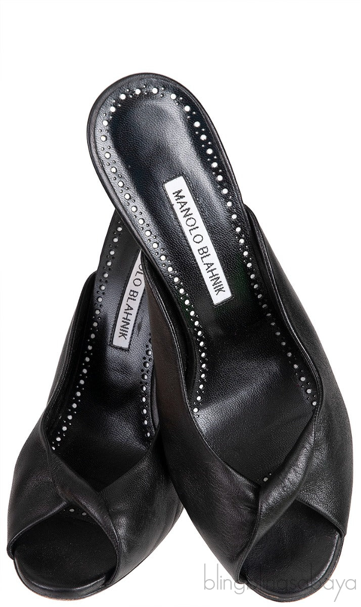 Black Leather Twisted Vamp Peep Toe Mule