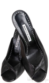 Black Leather Twisted Vamp Peep Toe Mule