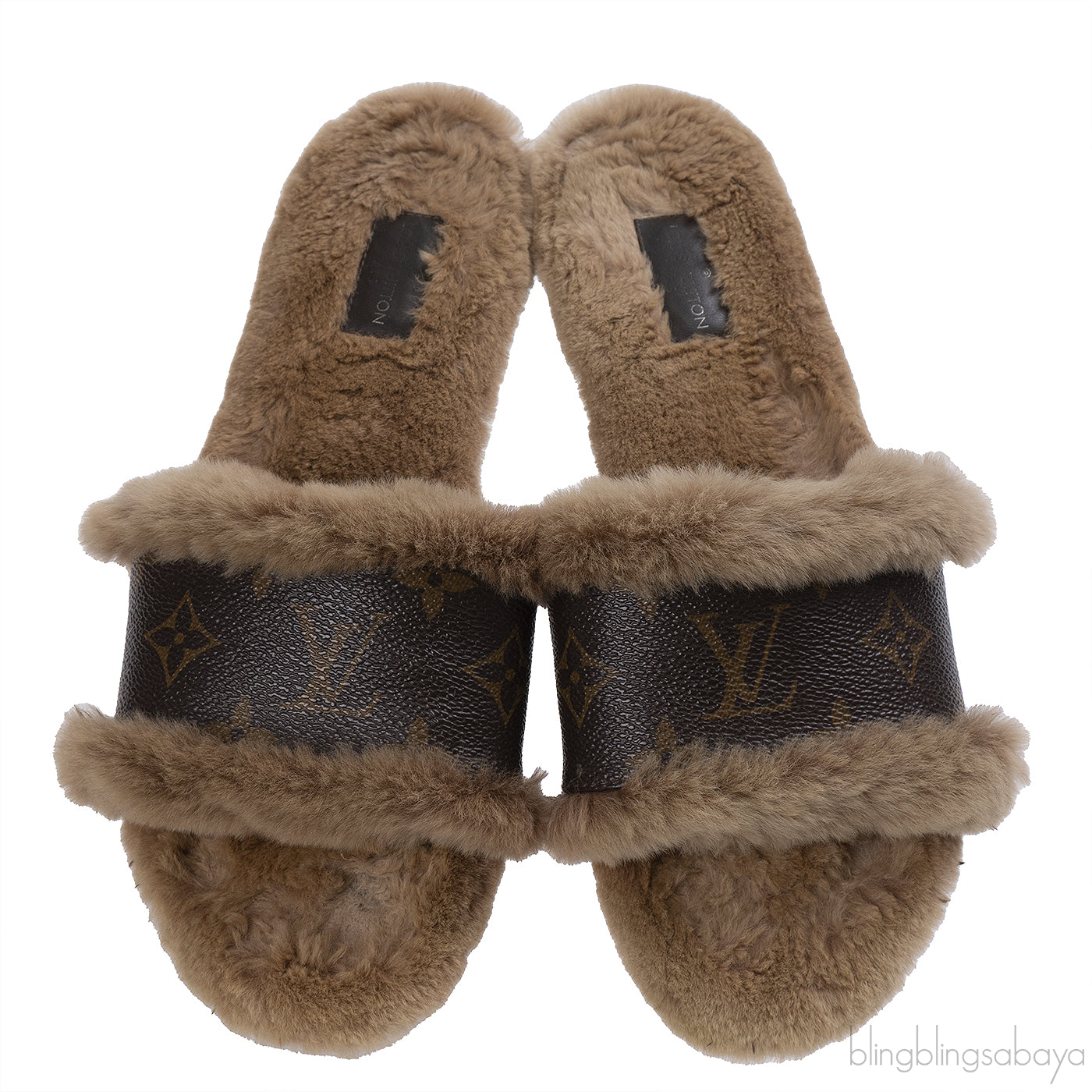 Louis Vuitton Cognac Monogram Mink Fur Slides