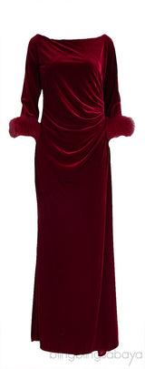 Red Velvet Fur Trim Cuff Dress