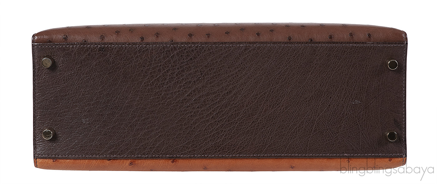 Hermes Kelly 32 Chocolate Natural and Dark Brown Ostrich GHW