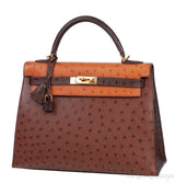 Hermes Kelly 32 Chocolate Natural and Dark Brown Ostrich GHW