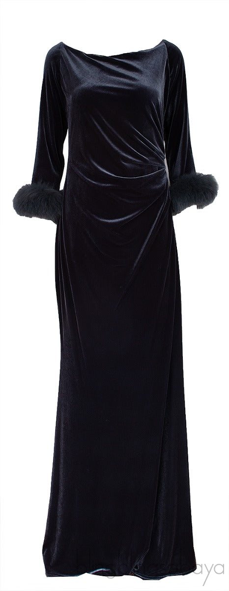 Grey Velvet Fur Trim Cuff Dress