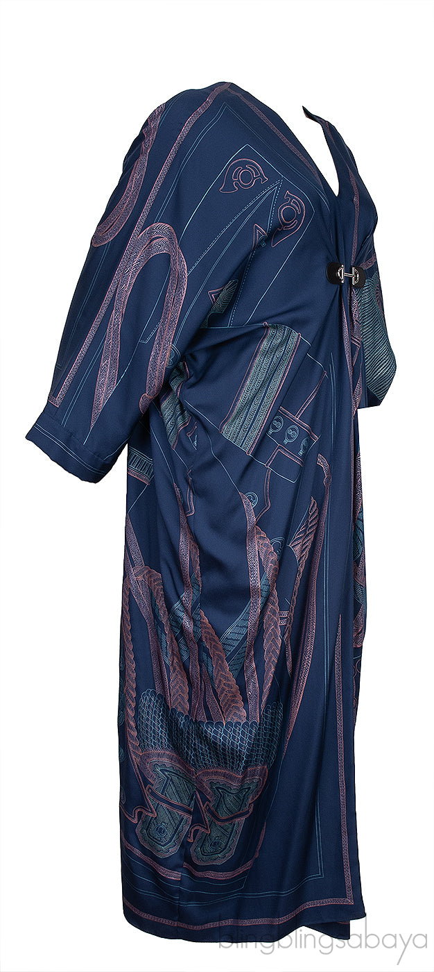 Silk Blue Printed Horsebit Kaftan Dress