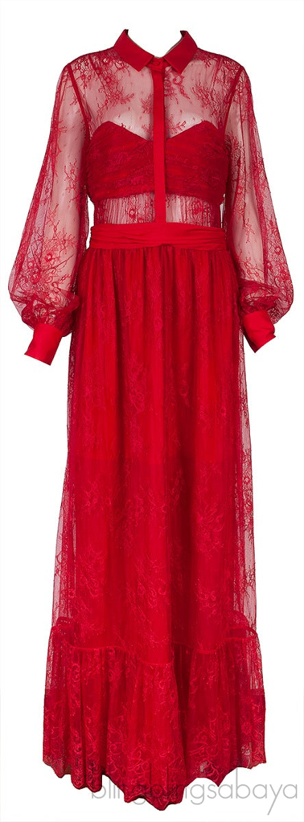 Red Fine Floral-Lace Maxi Dress