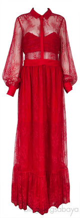 Red Fine Floral-Lace Maxi Dress