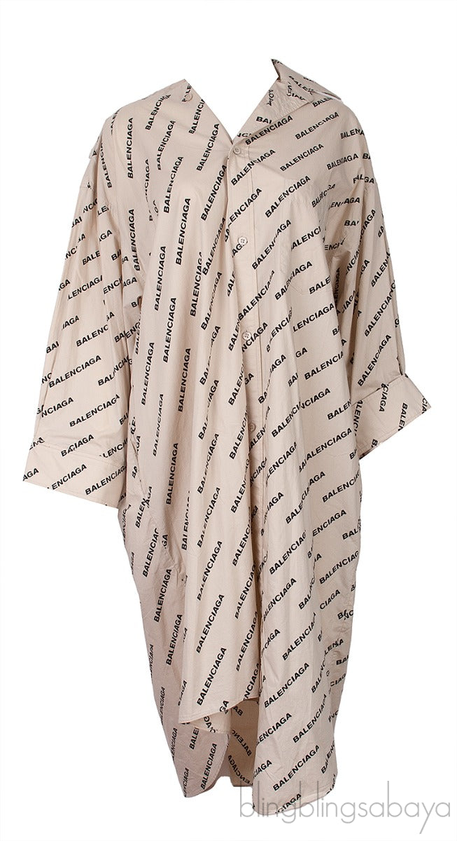 Beige Asymmetric Logo Print Shirt Dress