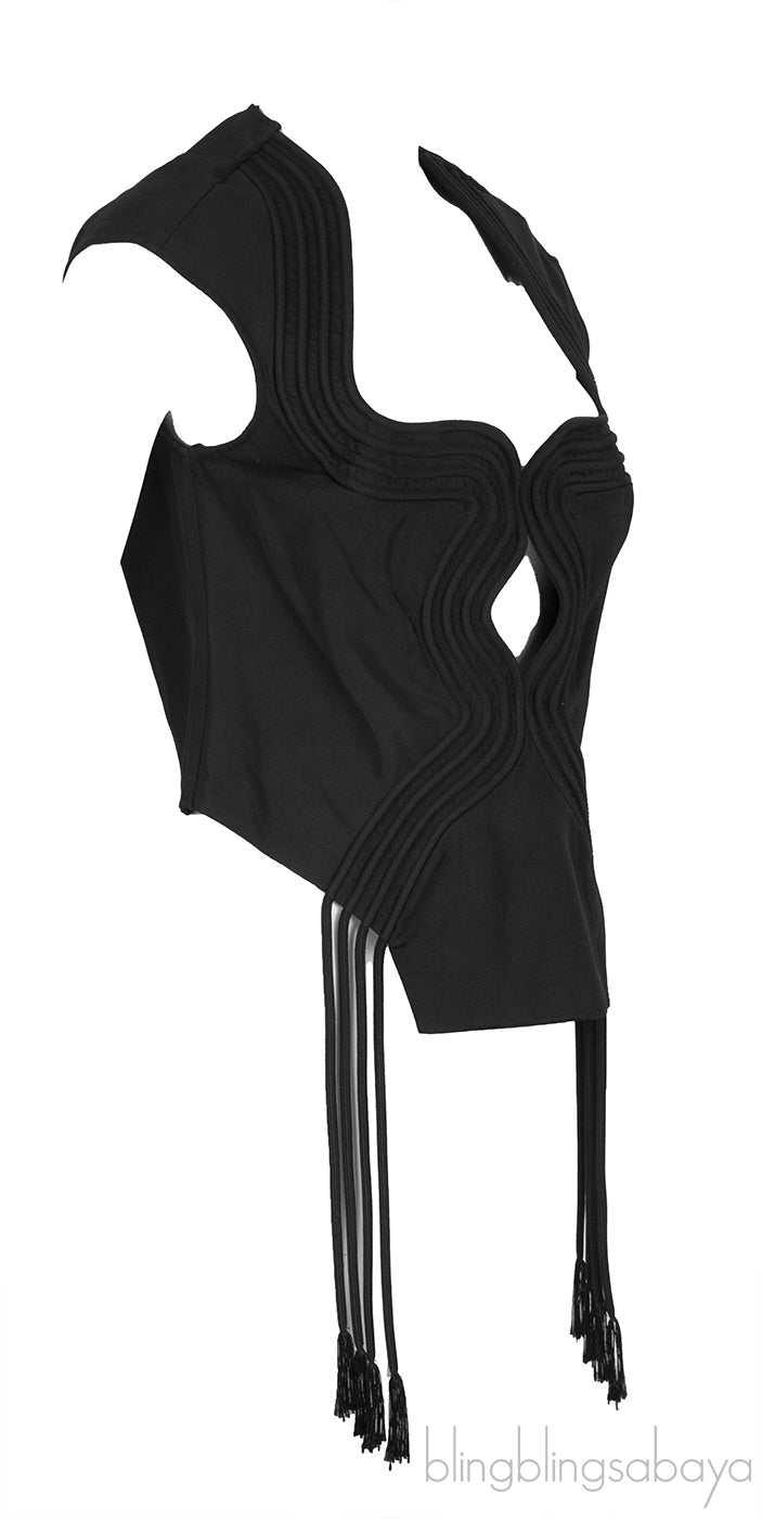 Black Cut-out Tasseled Woven Top