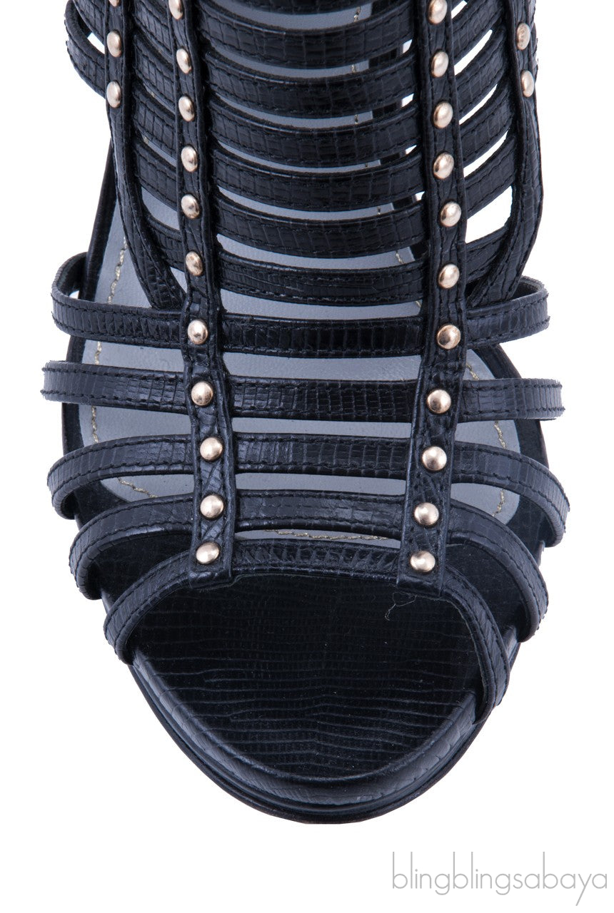 Studded Lizard-effect Leather Sandals