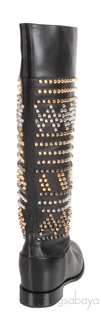 Black Rom Chic Flat Studded Boots