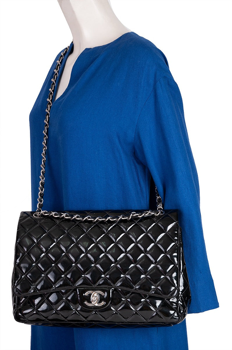 Black Patent Maxi Double Flap Quilted Bag