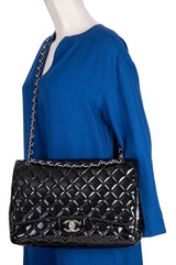 Black Patent Maxi Double Flap Quilted Bag
