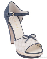 Toile & Leather Peep Toe Pump