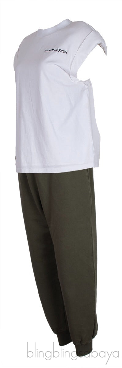 White Padded Shoulder Top & Green Trouser