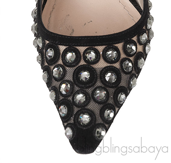 Black Suede Mesh Strass Pointed Toe Heels