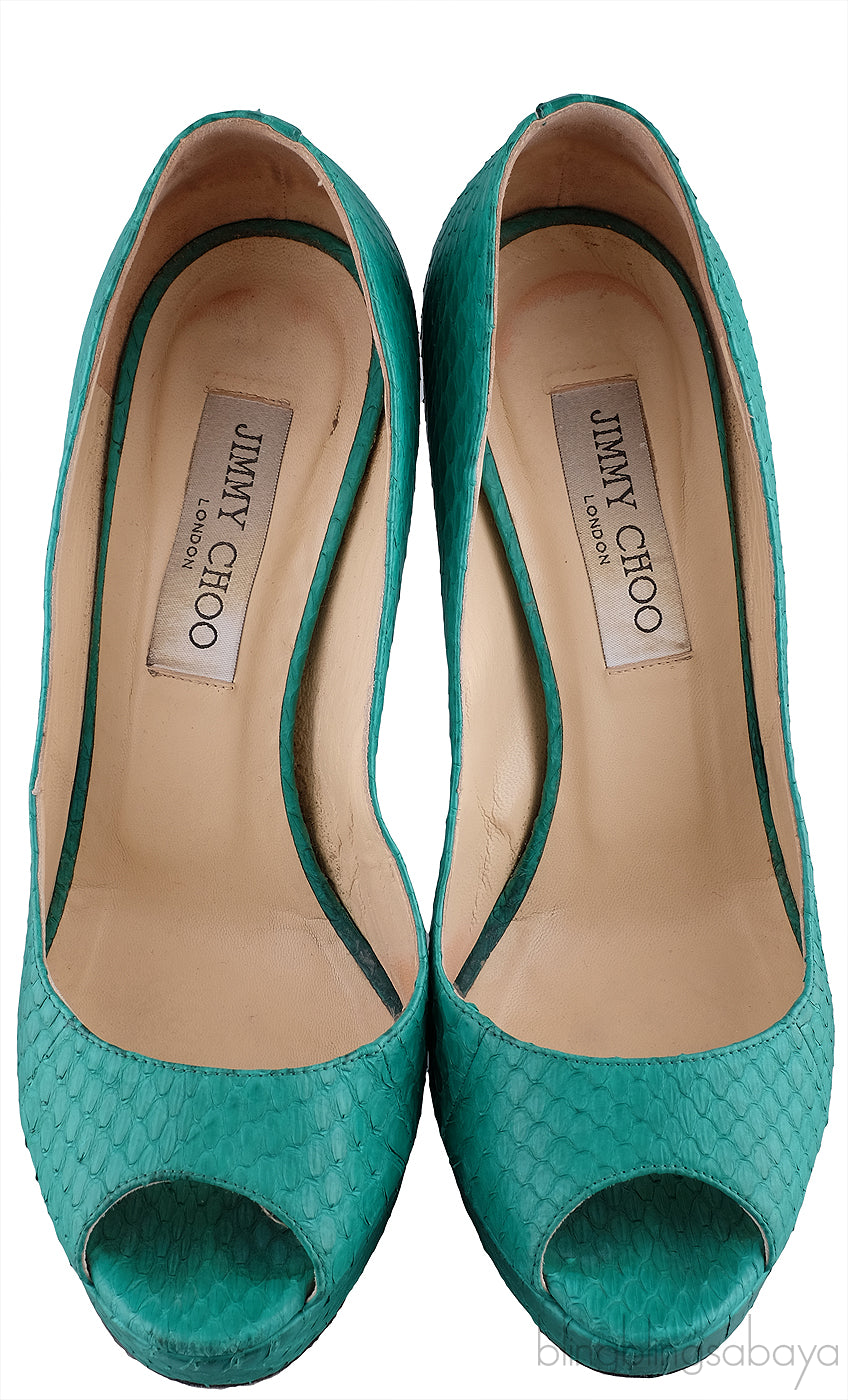 Green Snakeskin Peep Toe Heels