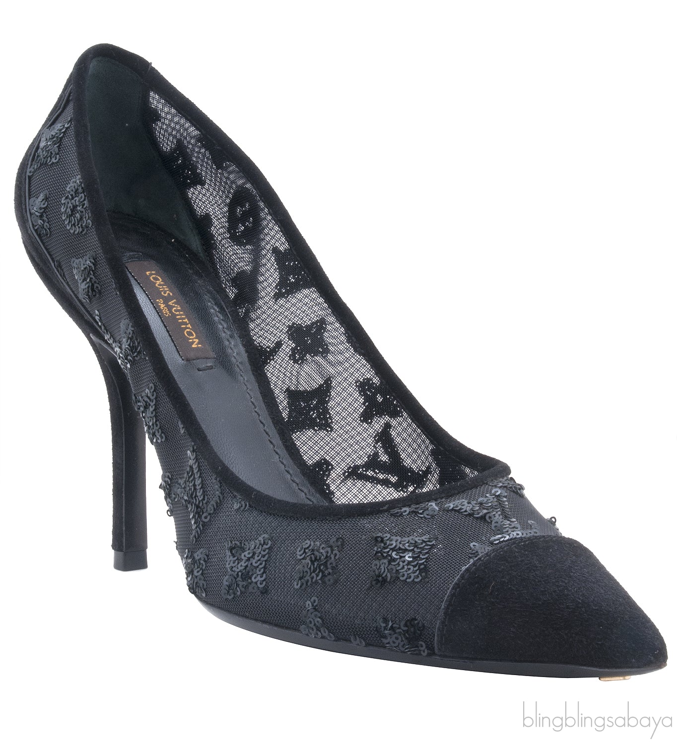 Black Mesh Monogram Sequin Heels
