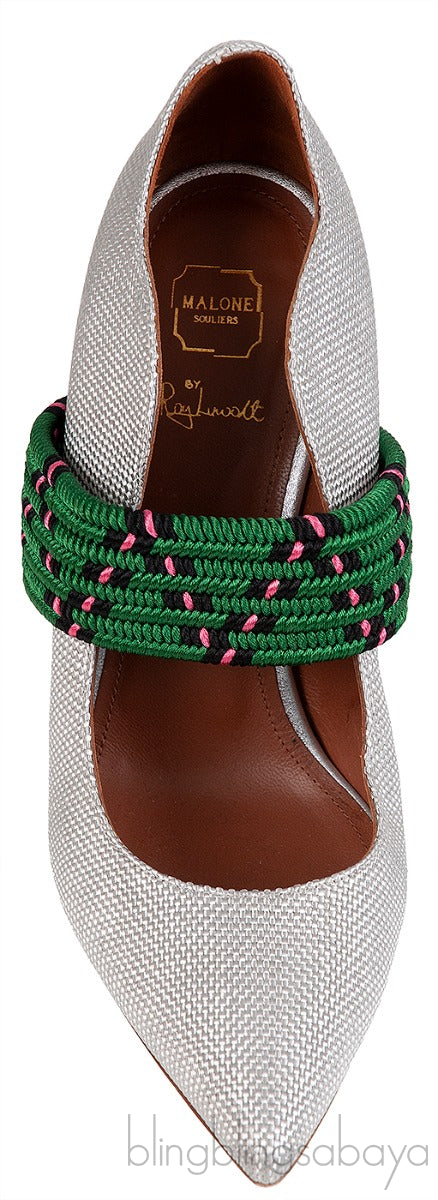 Silver Raffia & Green Fabric Heels
