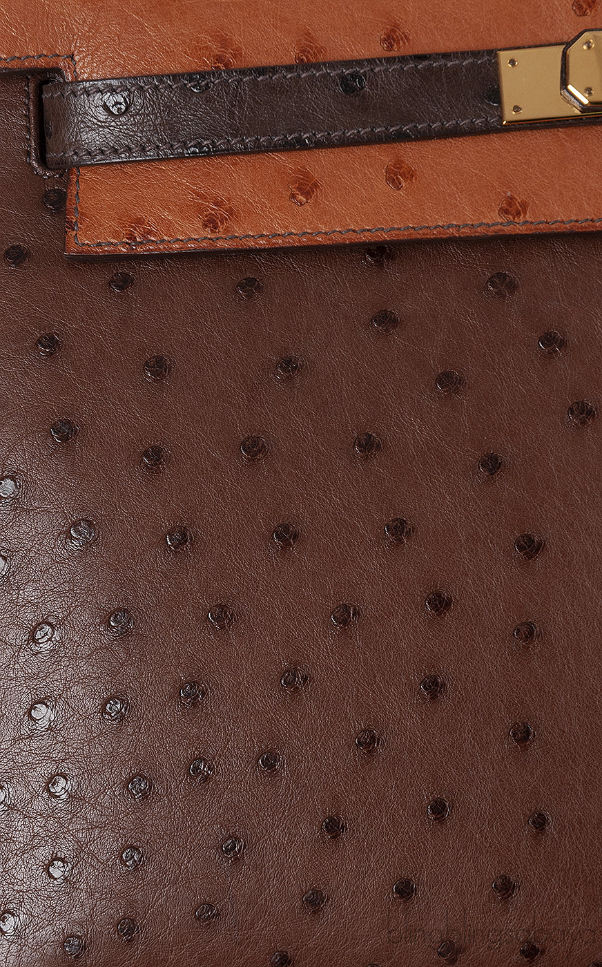 Hermes Kelly 32 Chocolate Natural and Dark Brown Ostrich GHW