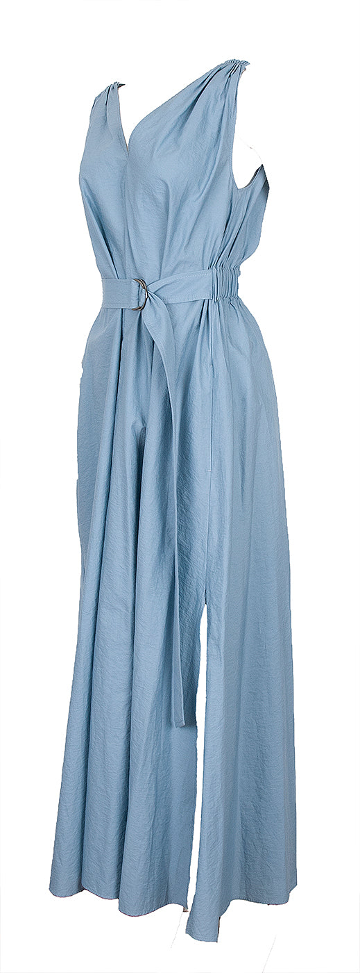 Blue Poplin Monili Shoulder Belted Midi Dress
