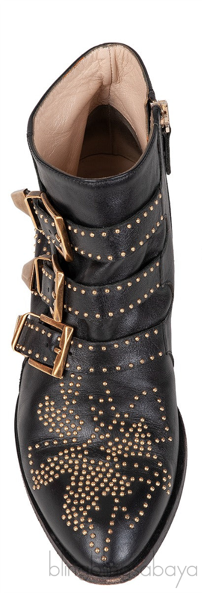 Black Leather Metal Beads Strappy Boots