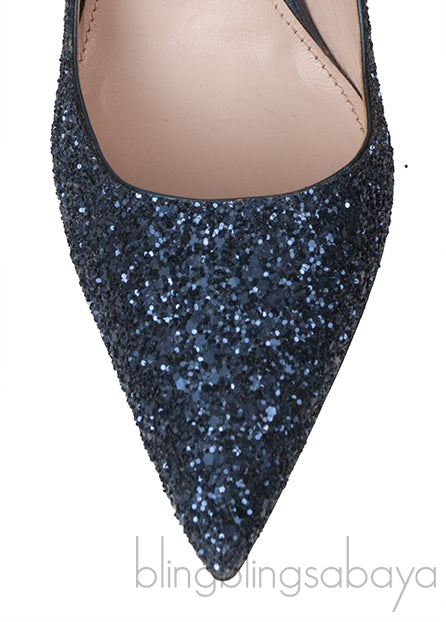 Blue Glitter Argento Pointed Toe Crystal Embellished Heels