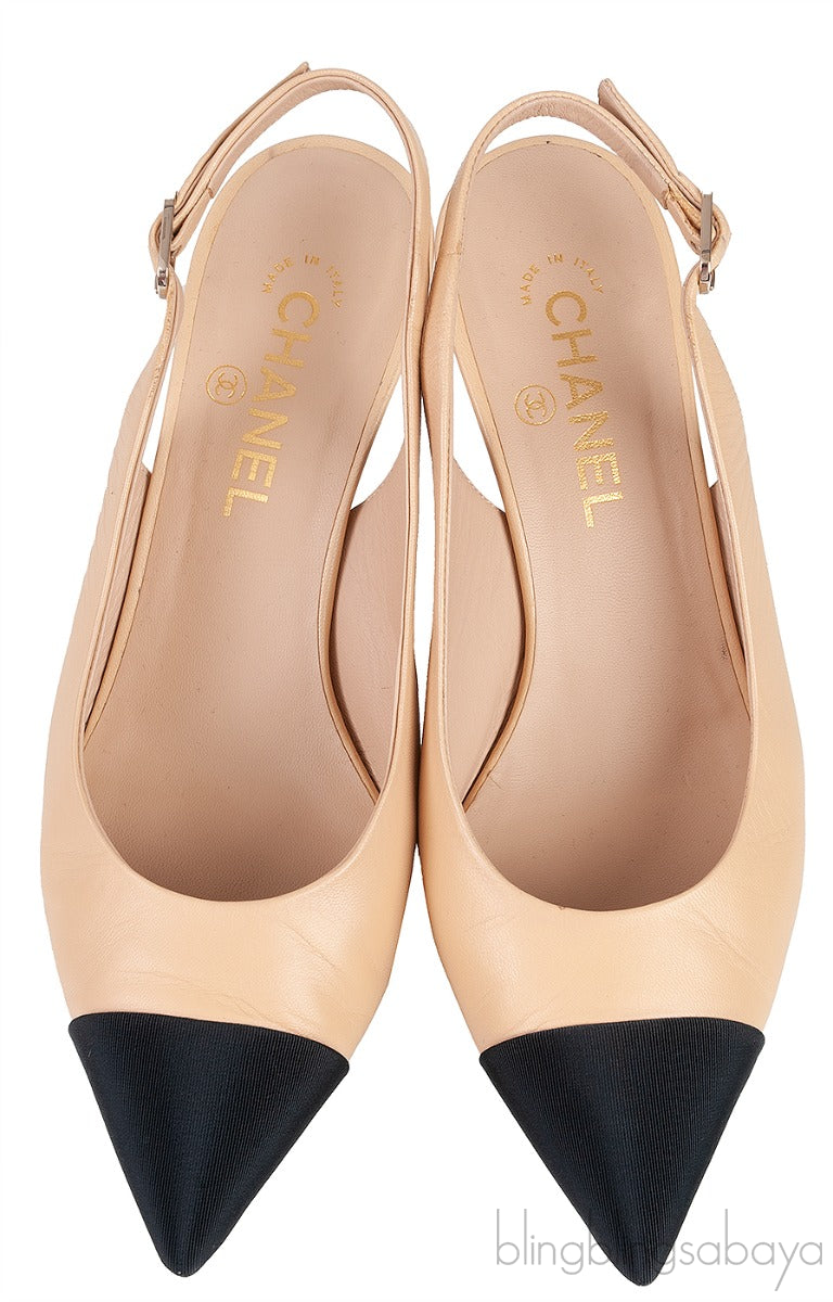 Beige Leather/Black Canvas Slingback Shoes