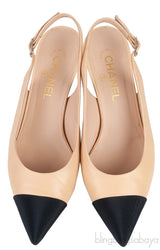 Beige Leather/Black Canvas Slingback Shoes
