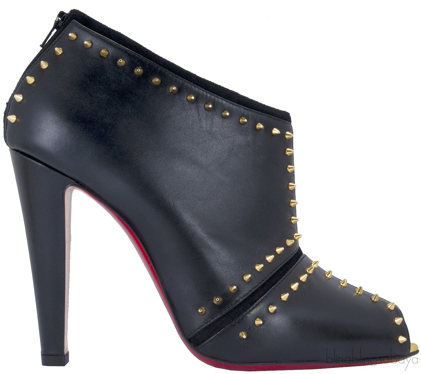 Black Studded Leather Peep Toe Boots
